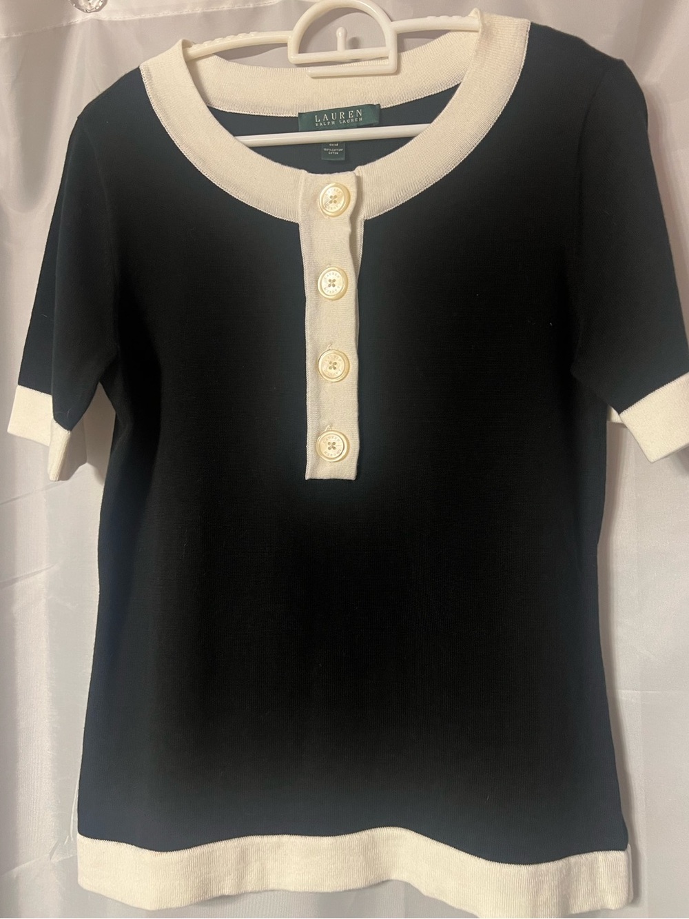 Lauren Ralph Lauren Black & Cream Short Sleeve Knit Top. Vintage. EUC. Size M